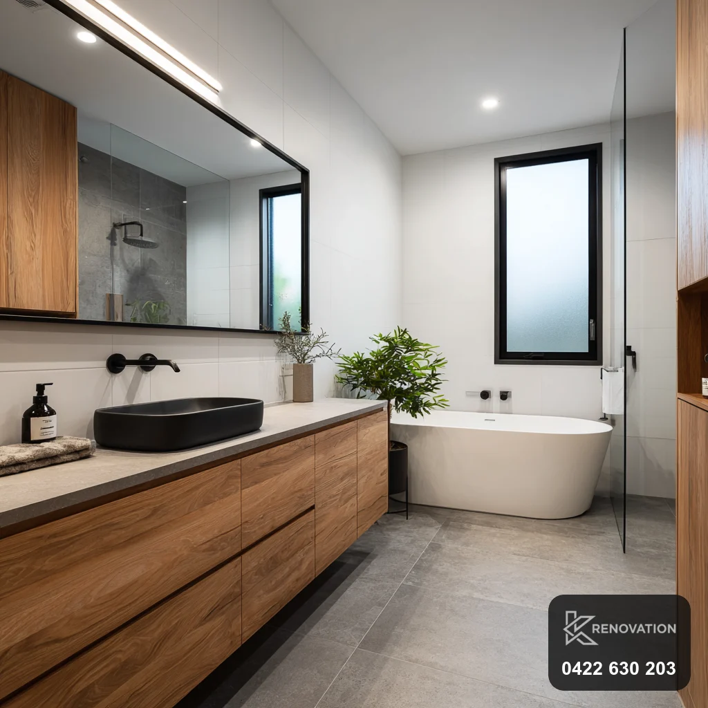 Double timber vanity and freestanding bath from a Williamstown bathroom renovation by KRenovation