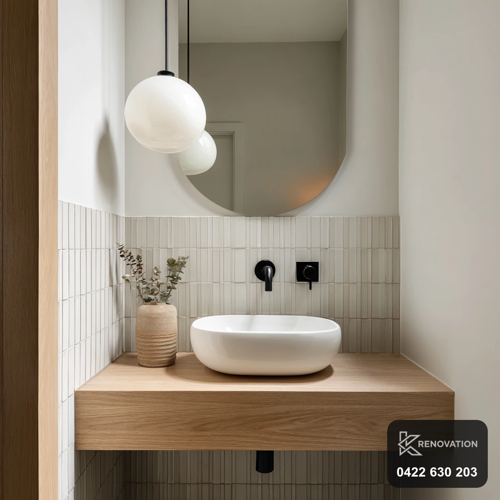 Bathroom renovation with floating timber vanity in Footscray by KRenovation