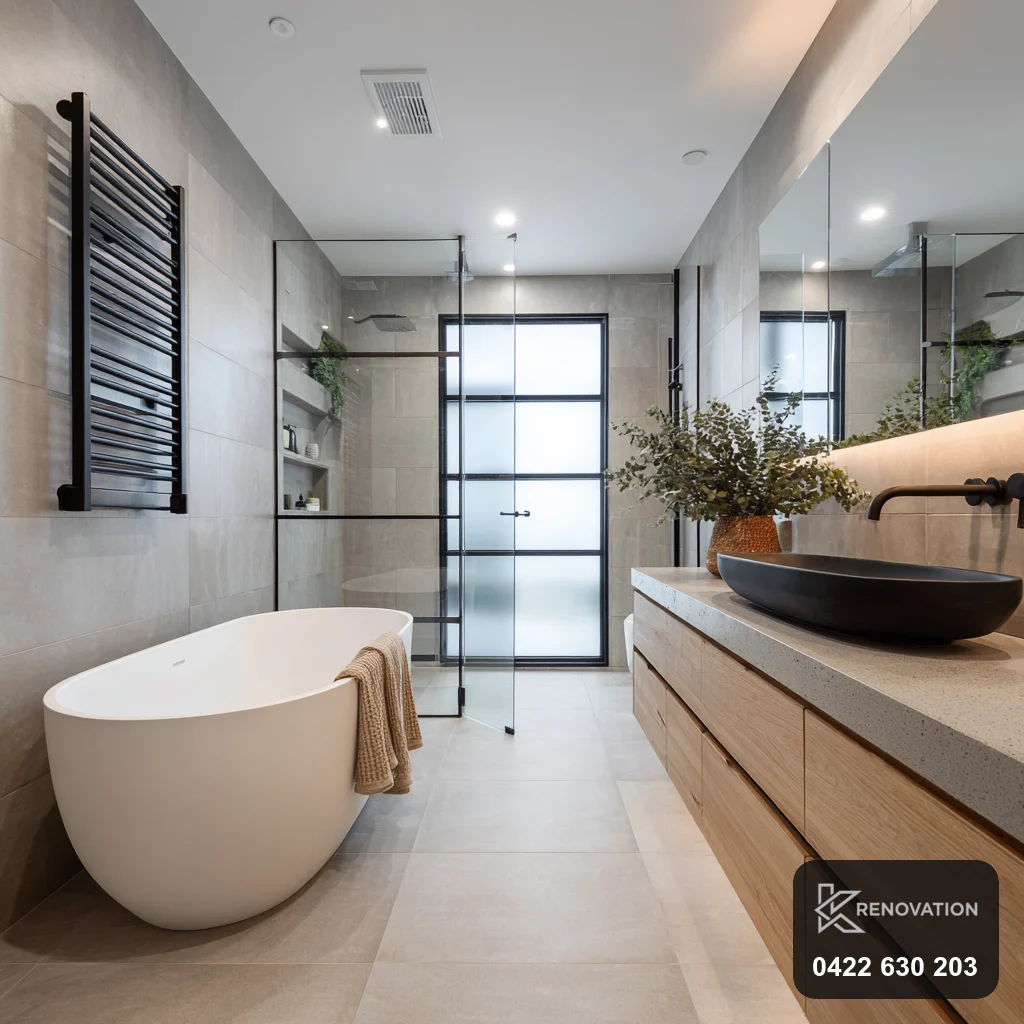 Bathroom renovation with freestanding bath and timber vanity in Williamstown by KRenovation