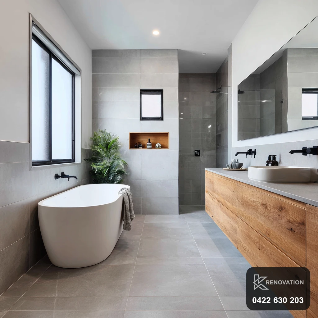 Bathroom renovation with freestanding bath in Newport by KRenovation