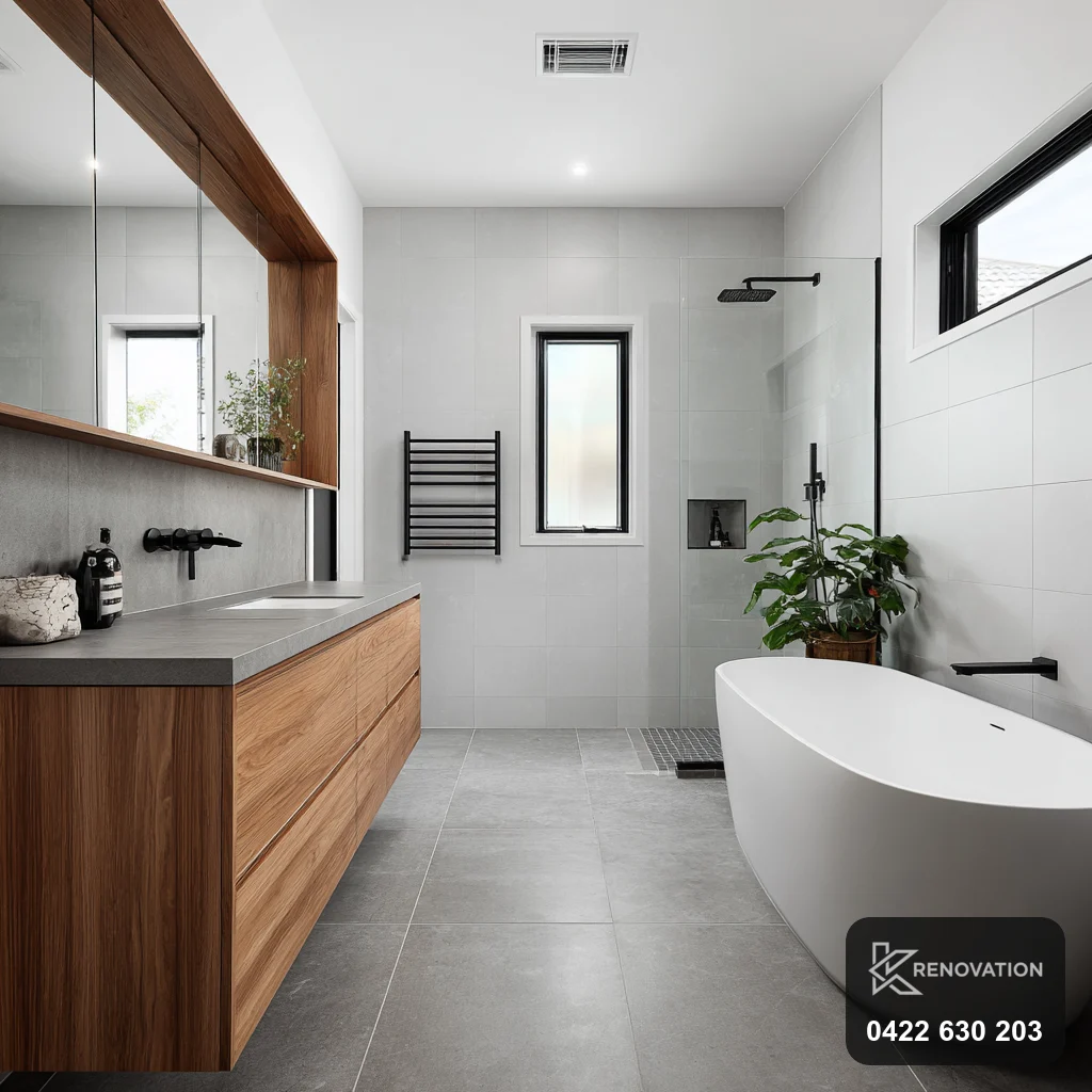 Renovated bathroom with freestanding bath and timber vanity in Footscray by KRenovation