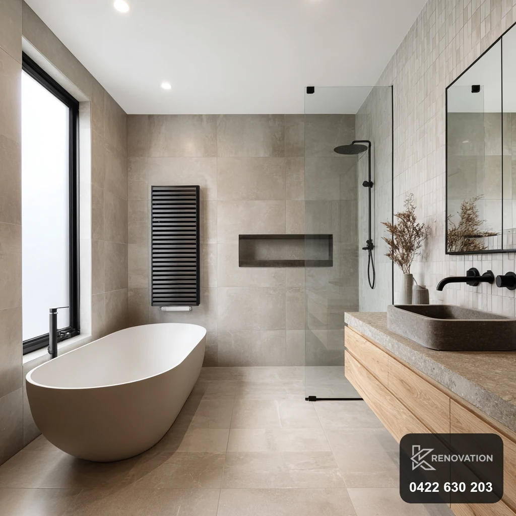 Renovated bathroom with freestanding bath and timber vanity in Yarraville by KRenovation
