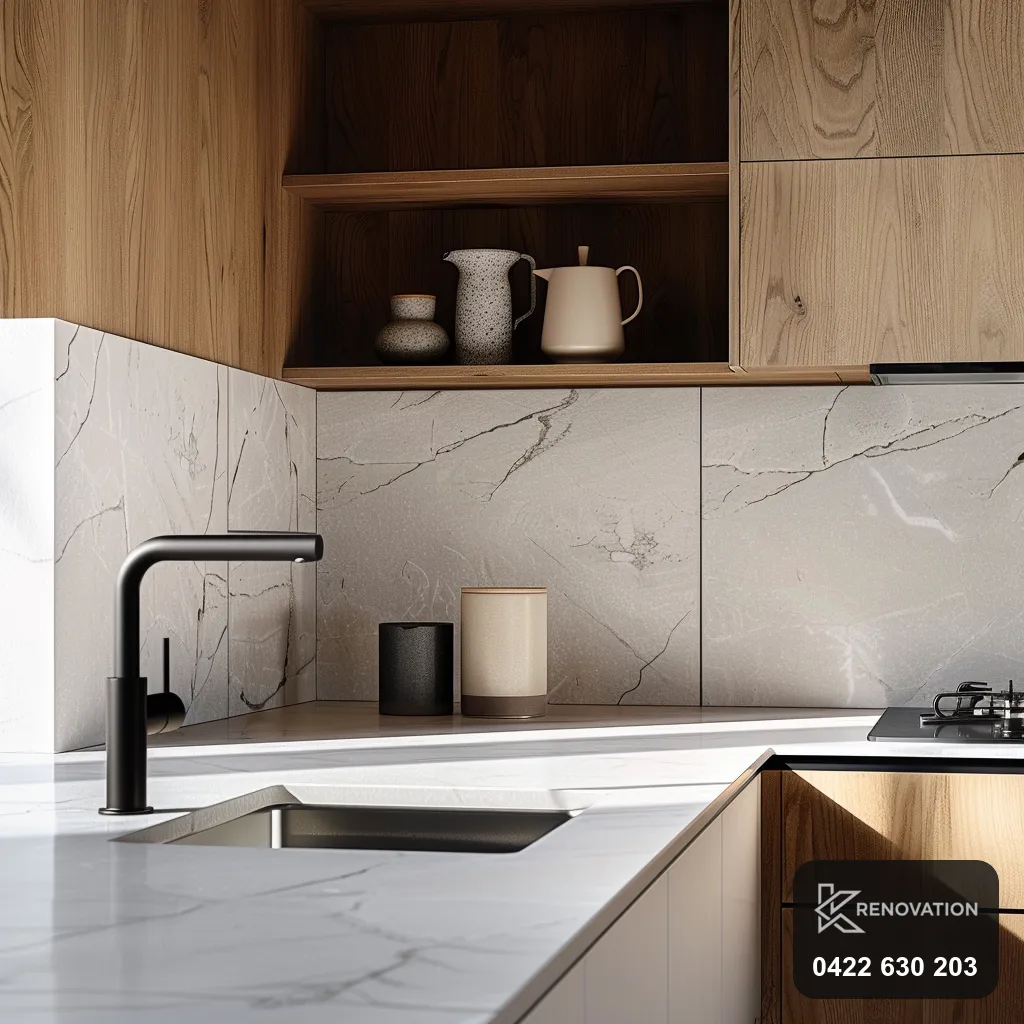 Luxury bathroom renovation with marble feature wall, freestanding bath and black tapware