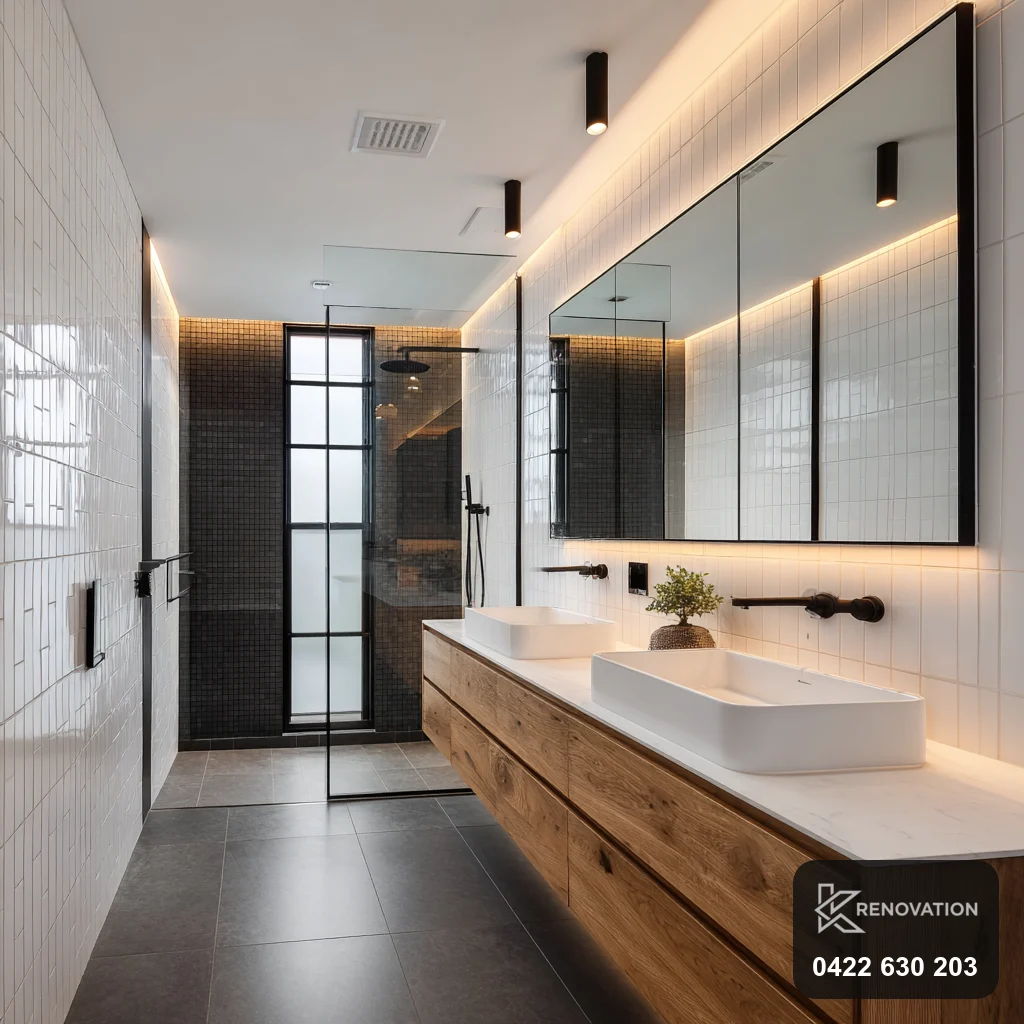 Bathroom with black-framed shower in a Spotswood renovation by KRenovation
