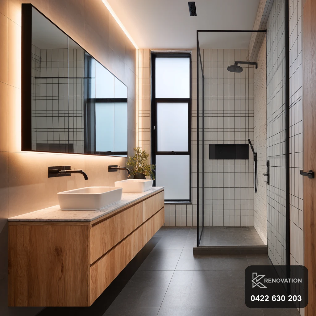 Timber-vanity bathroom with walk-in shower in a Seddon renovation by KRenovation