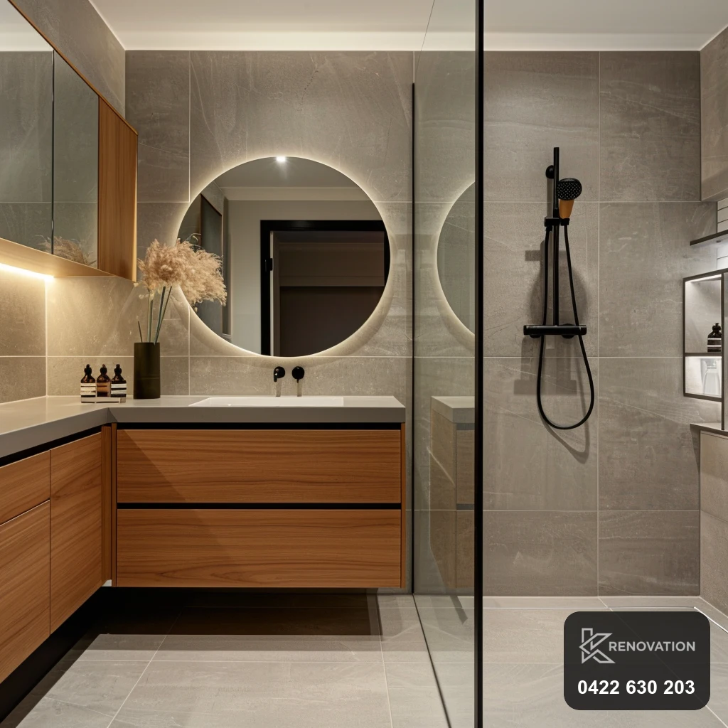 Bathroom renovation with timber vanity and brass tapware in Yarraville by KRenovation