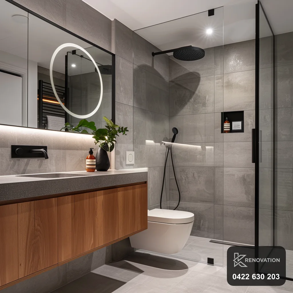 Timber vanity bathroom with walk-in shower from a Newport renovation by KRenovation