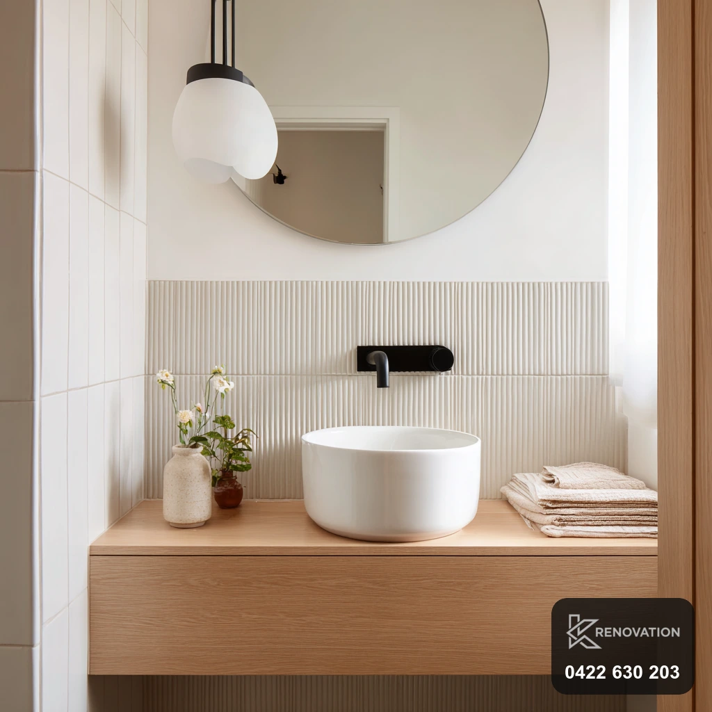 Family bathroom detail with timber vanity in a Hoppers Crossing renovation by KRenovation