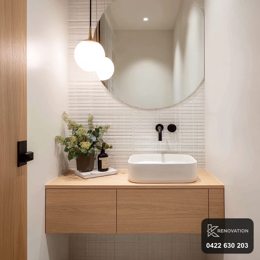 Timber vanity and vessel basin from a Yarraville bathroom renovation by KRenovation