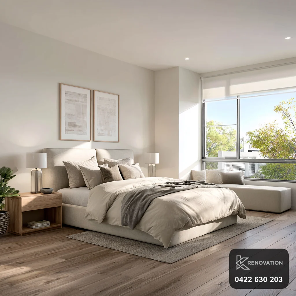 Master bedroom with balcony in a Point Cook renovation by KRenovation