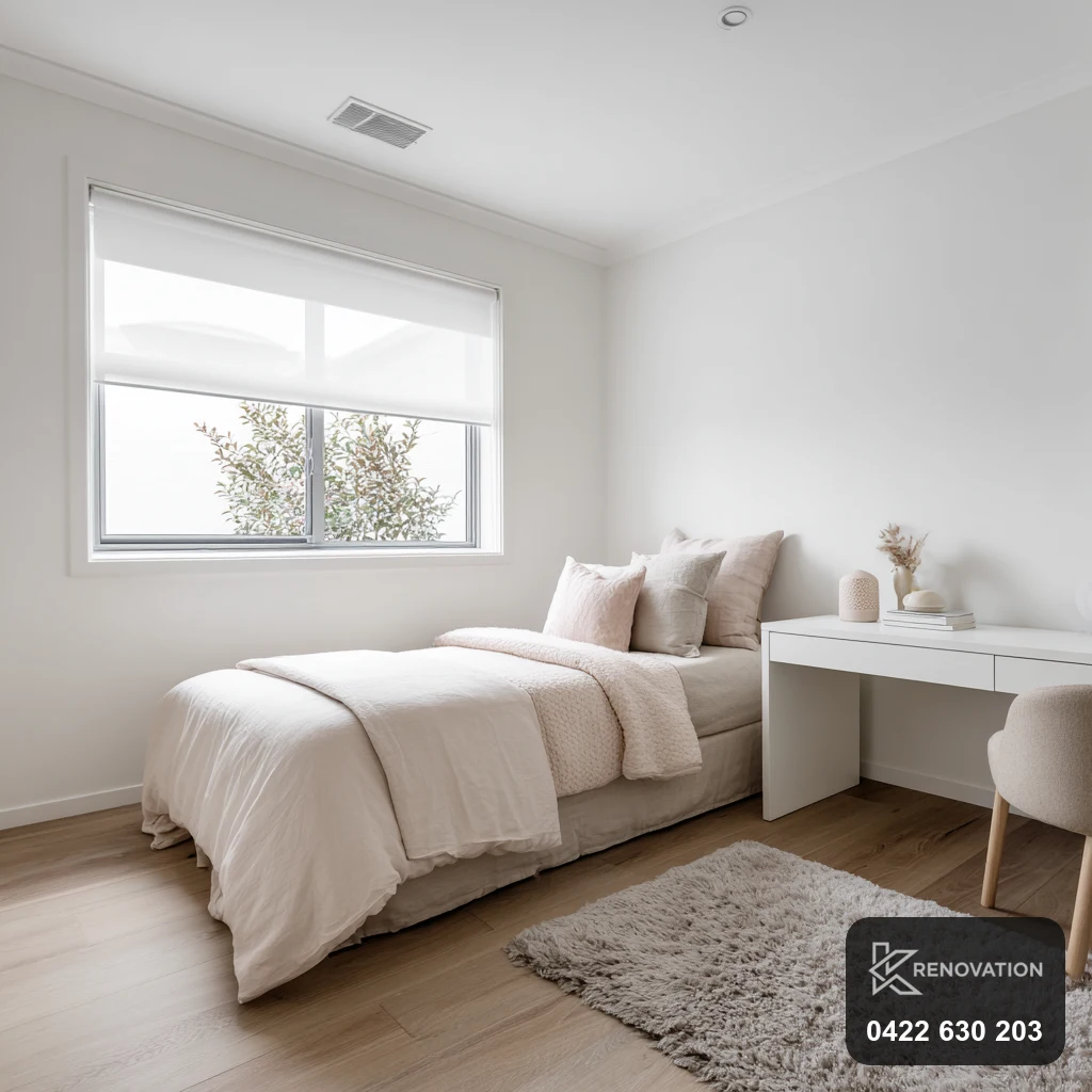 Renovated bedroom with a bench seat, rug and natural light by KRenovation