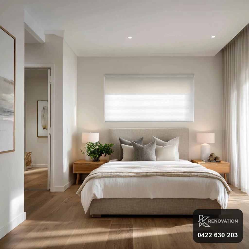Bright minimalist renovated bedroom with a large window by KRenovation