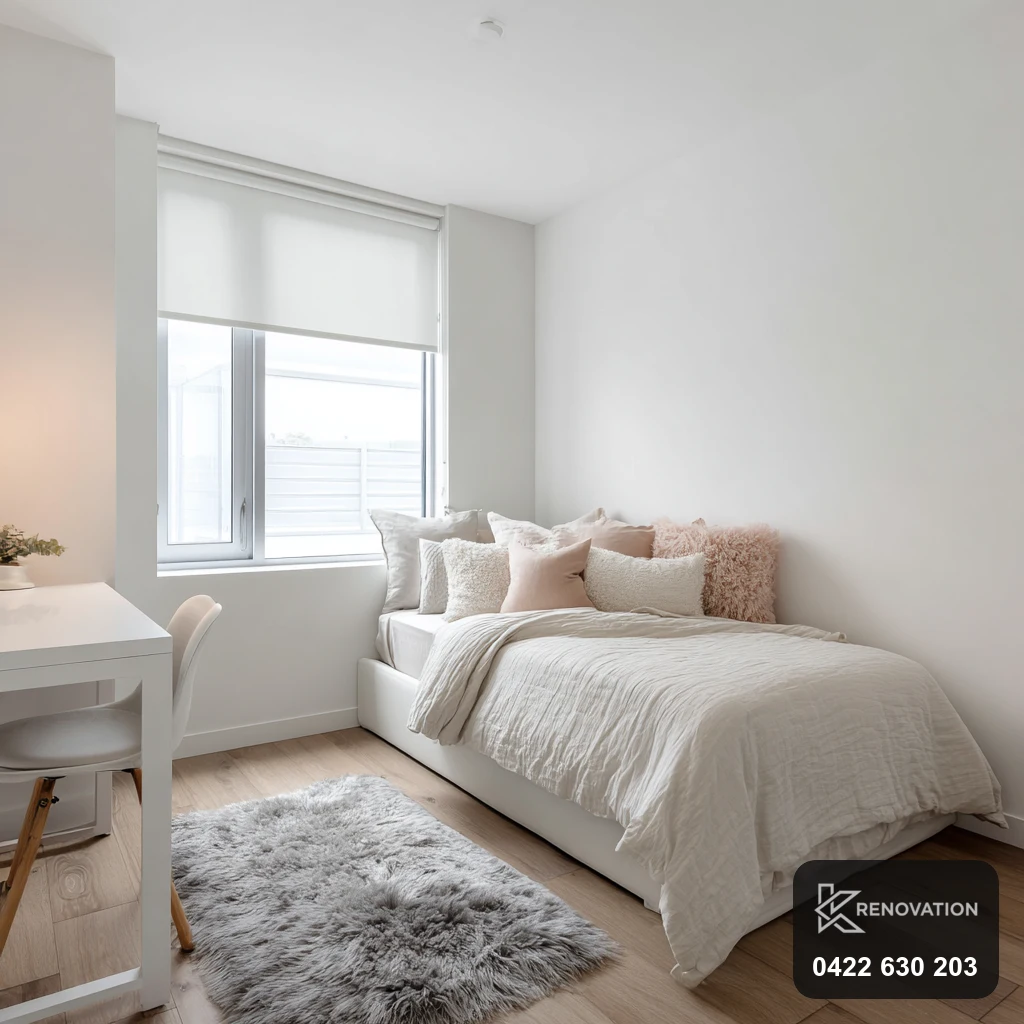 Calm renovated main bedroom with a large window and rug by KRenovation