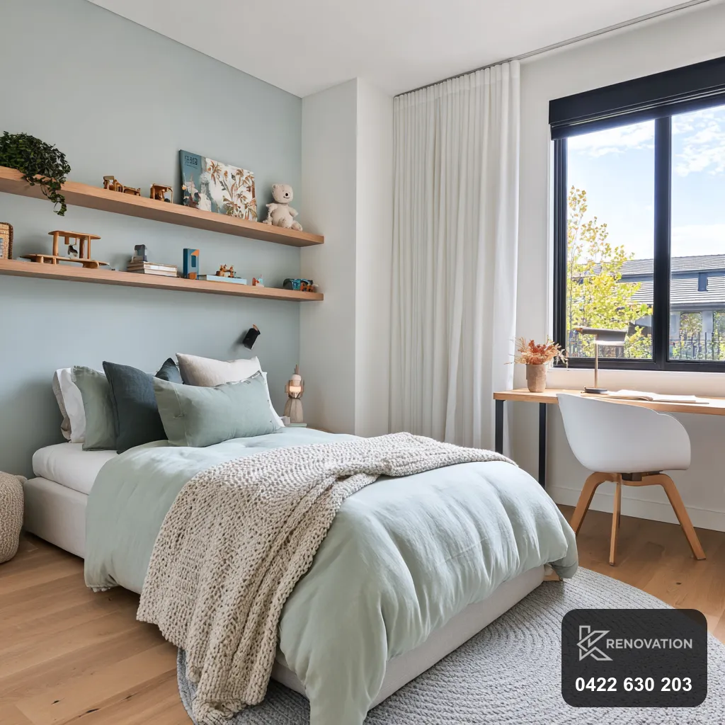 Renovated main bedroom with built-in open shelving and a large window by KRenovation