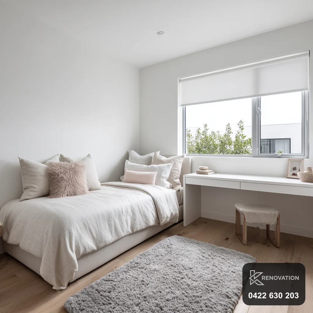 Renovated bedroom with a built-in window seat and large window by KRenovation