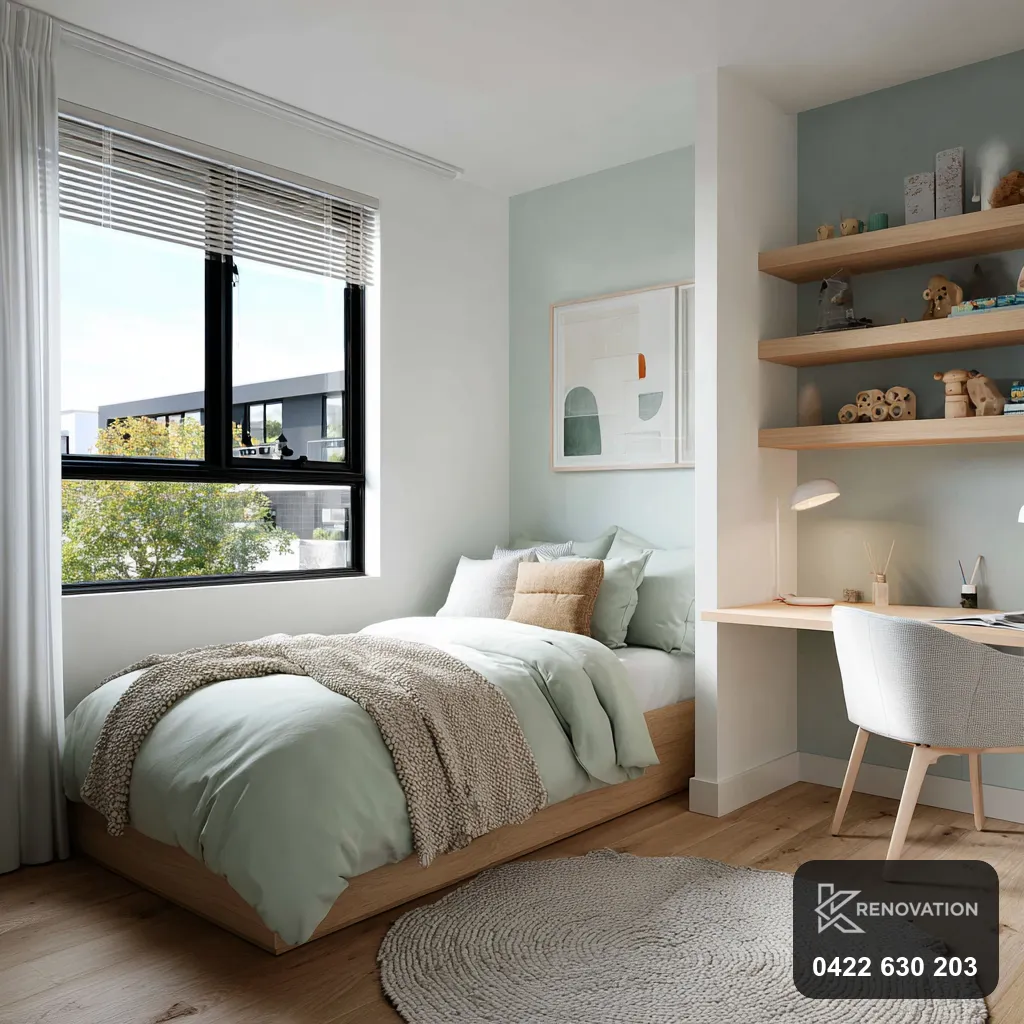 Renovated bedroom with sage accent and built-in desk and shelving by KRenovation