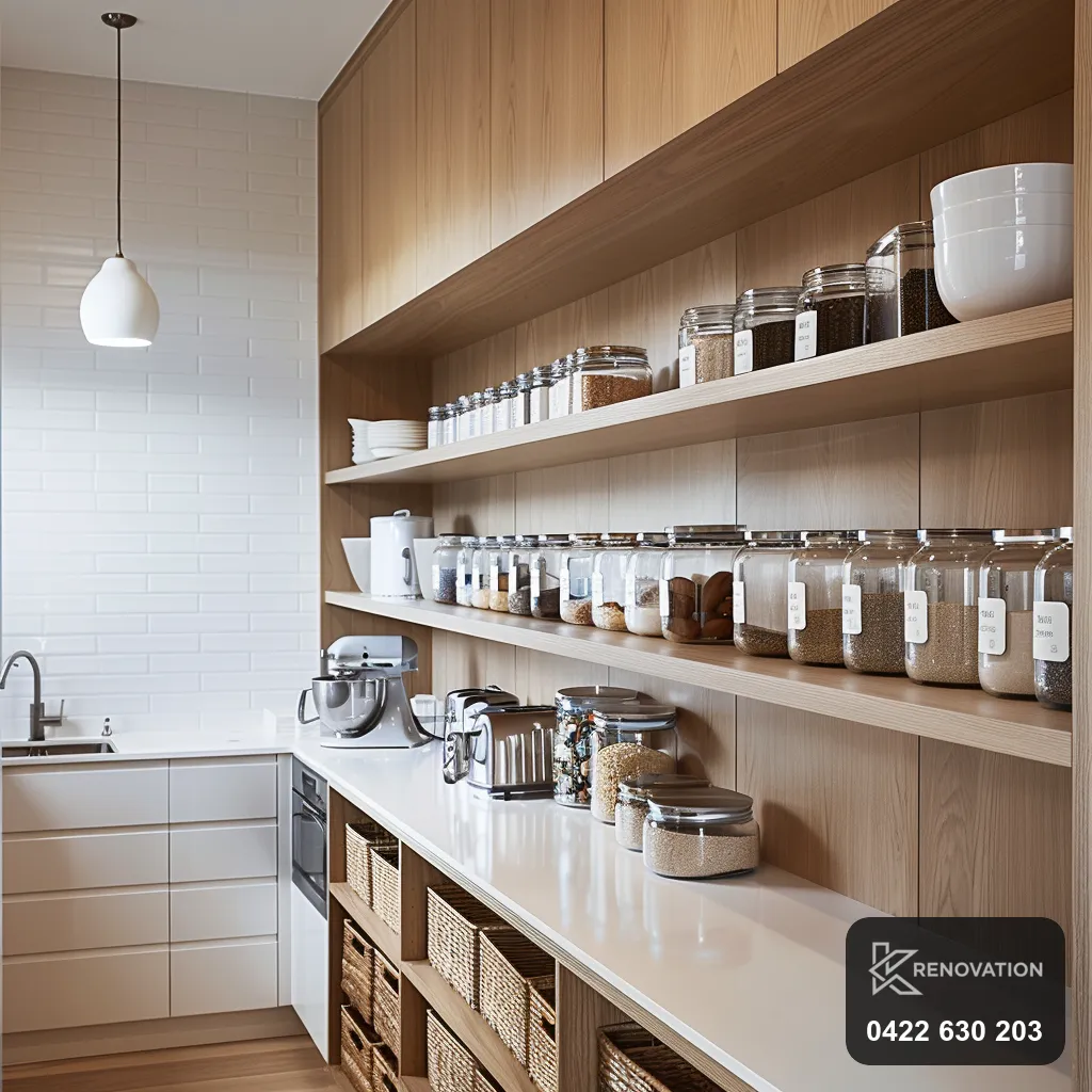 Butler's pantry with floor-to-ceiling shelving in a Point Cook renovation by KRenovation