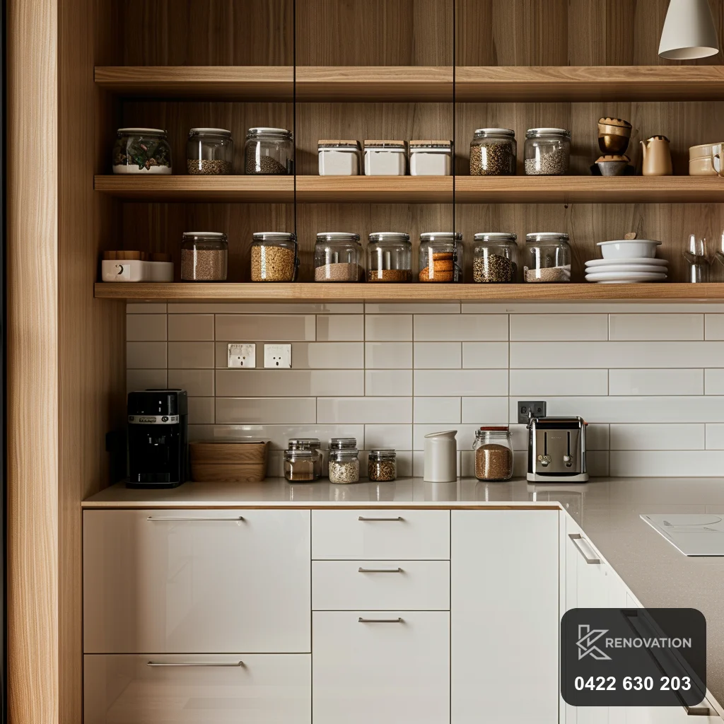 Butler's pantry and scullery with timber open shelving by KRenovation