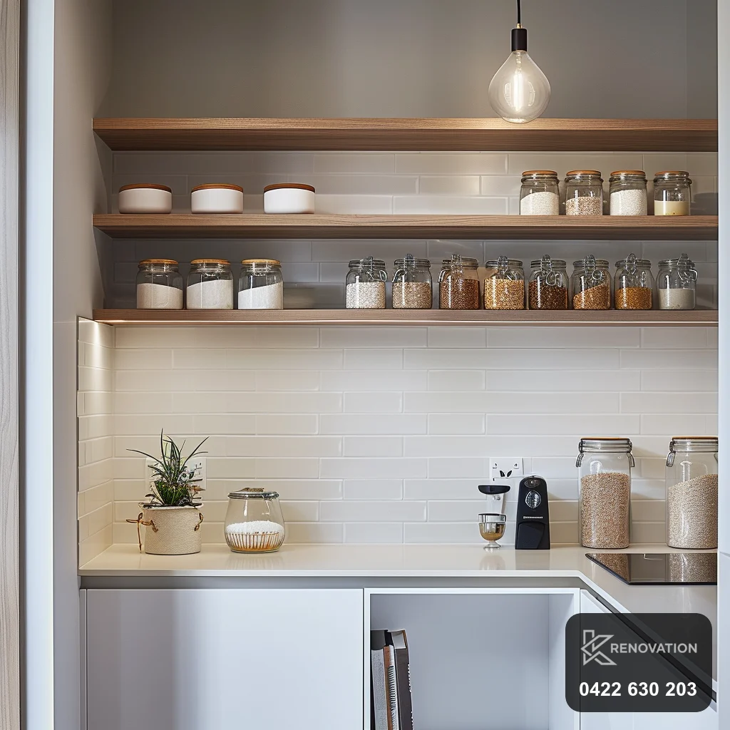 Butler's pantry and scullery with timber open shelving by KRenovation