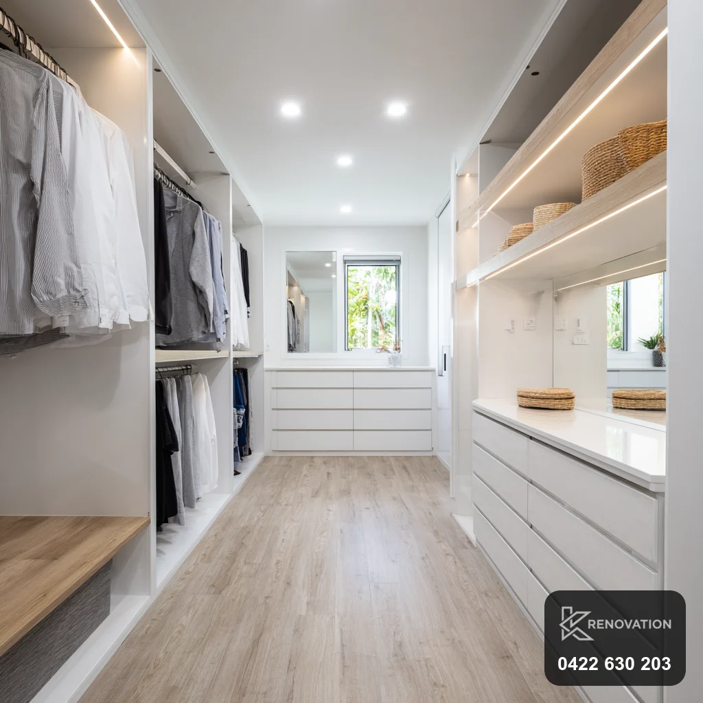 Butler's pantry and scullery with timber shelving in a Spotswood home by KRenovation