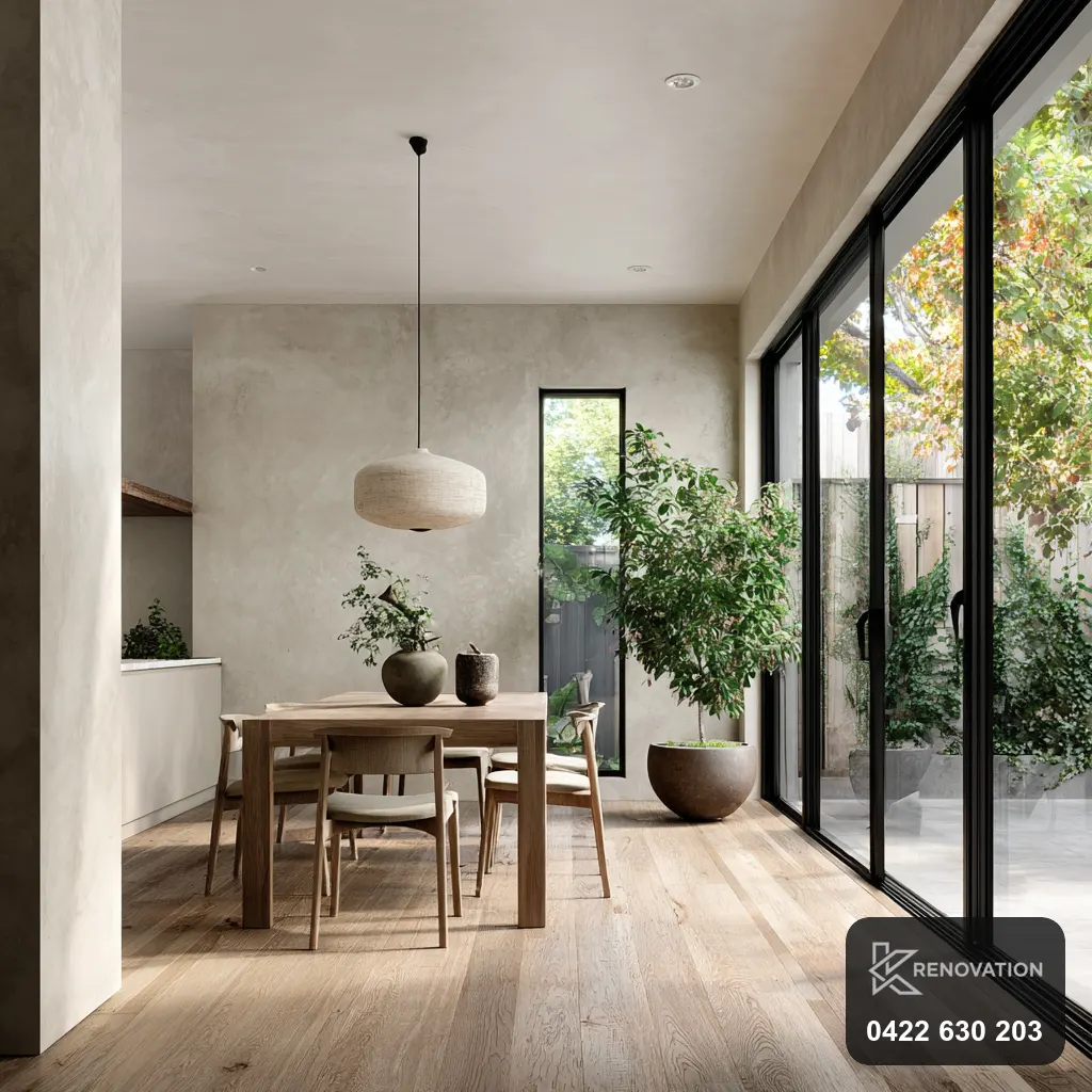 Renovated dining room with black-framed windows and pendant lighting by KRenovation