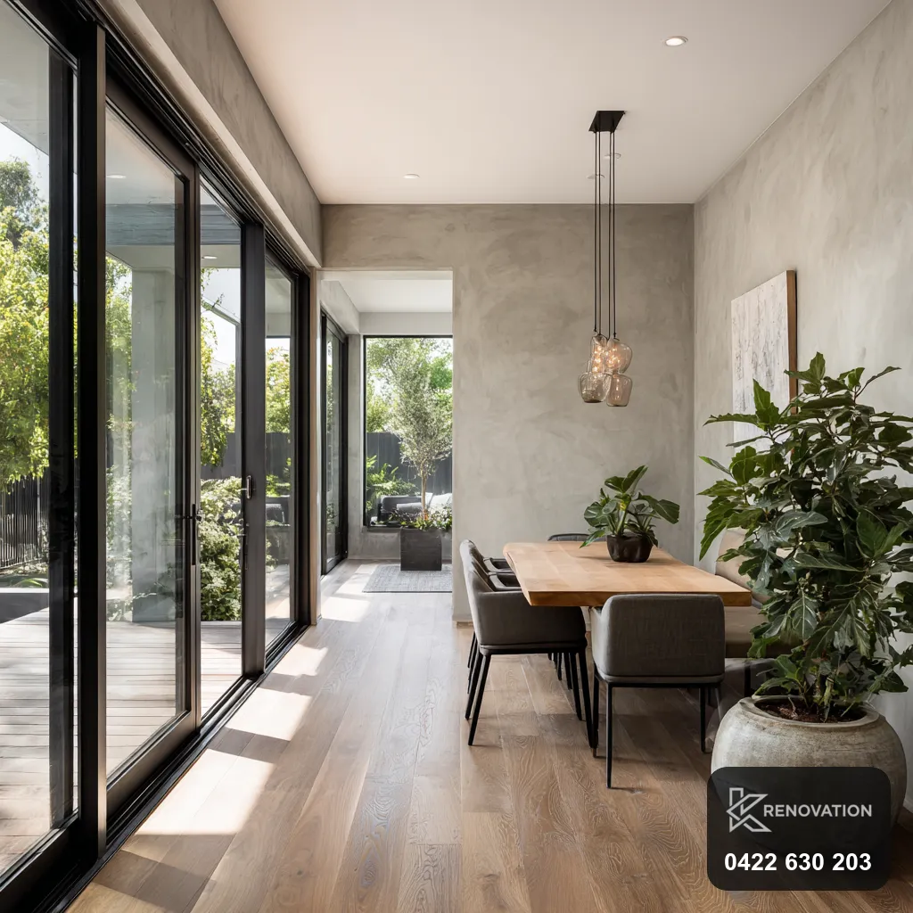 Bright dining area with large windows and timber floor in a home extension by KRenovation