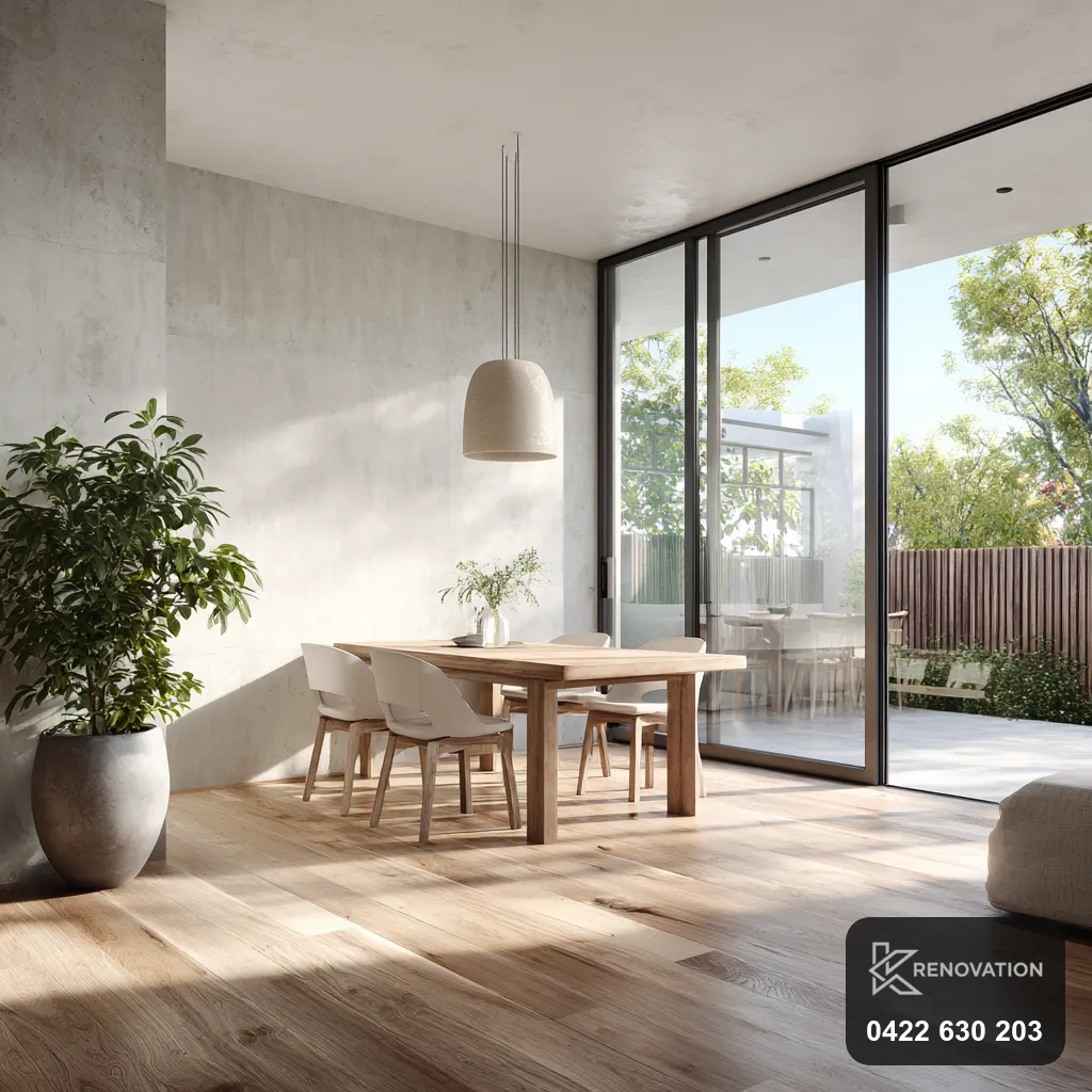 Bright dining area with sliding doors to the garden in a Point Cook home by KRenovation