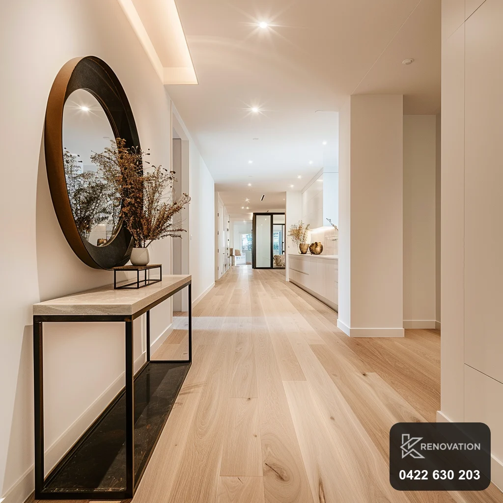 Renovated entry hallway with arched mirror, console and timber floor by KRenovation