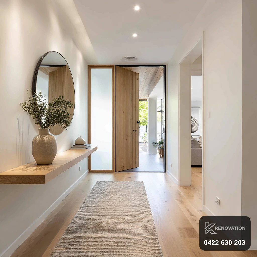 Bright renovated entry hallway with console, mirror and timber floor by KRenovation