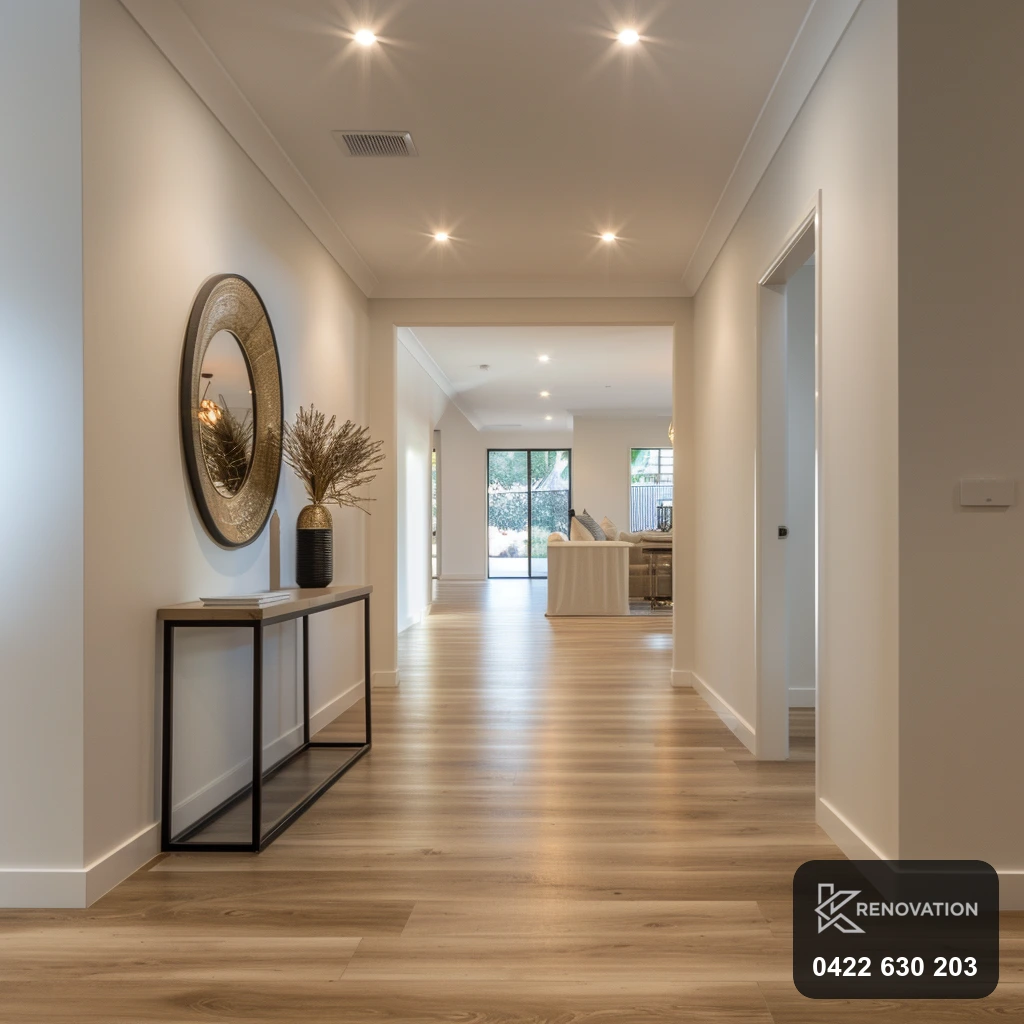 Grand entry hallway with console and mirror in a Point Cook home by KRenovation