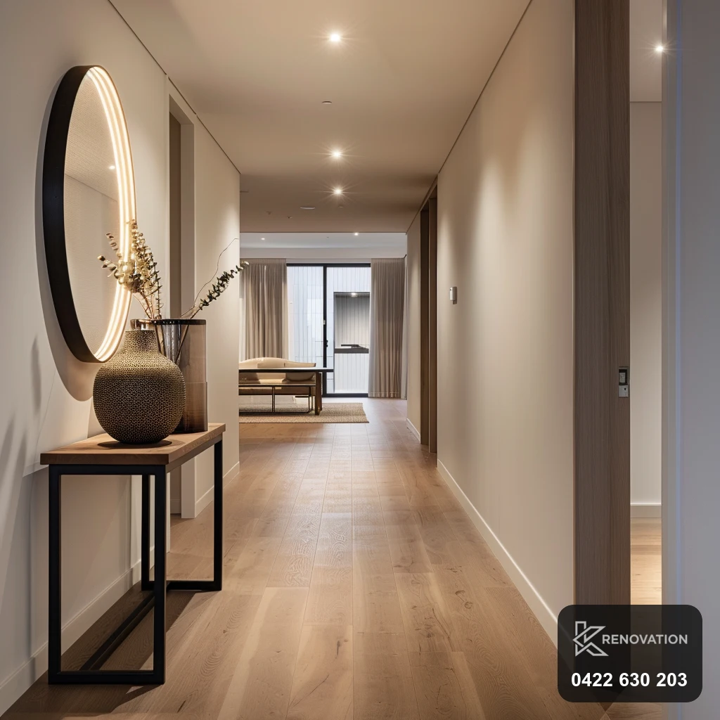 Long renovated hallway with timber floor and round mirror by KRenovation