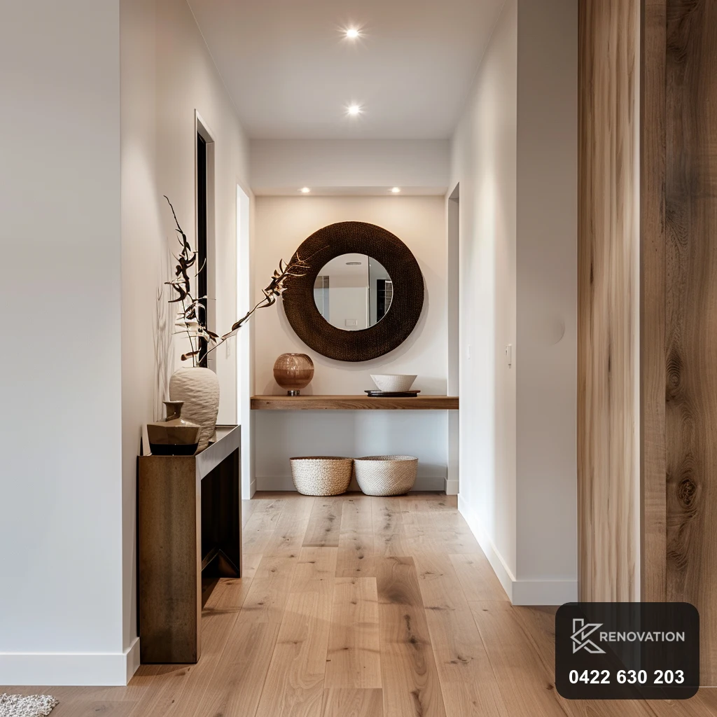 Renovated entry hallway with round mirror, console and timber floor by KRenovation