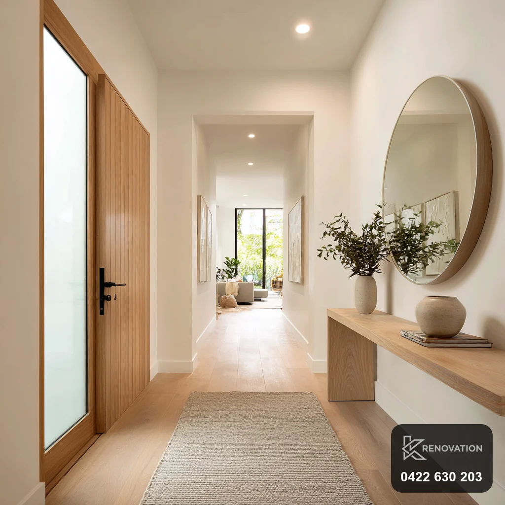Renovated entry hallway with timber floor, round arched mirror and console by KRenovation