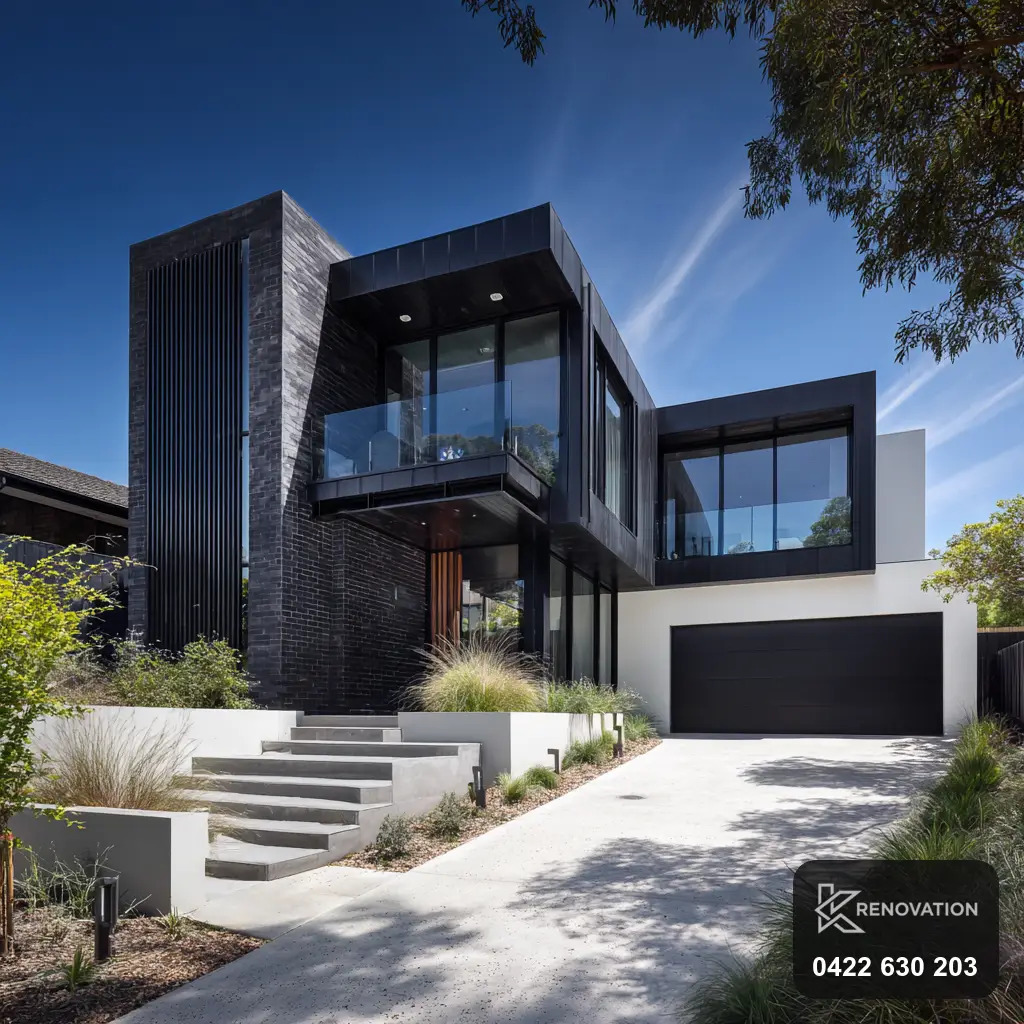 Modern facade renovation with black cladding on a two-storey home in Melbourne's west