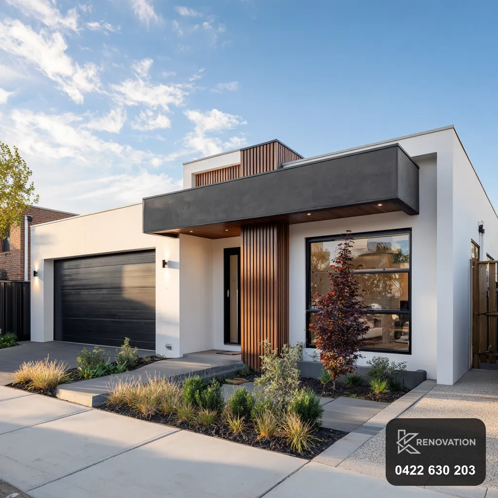 Renovated dark-timber home facade at dusk near Spotswood by KRenovation