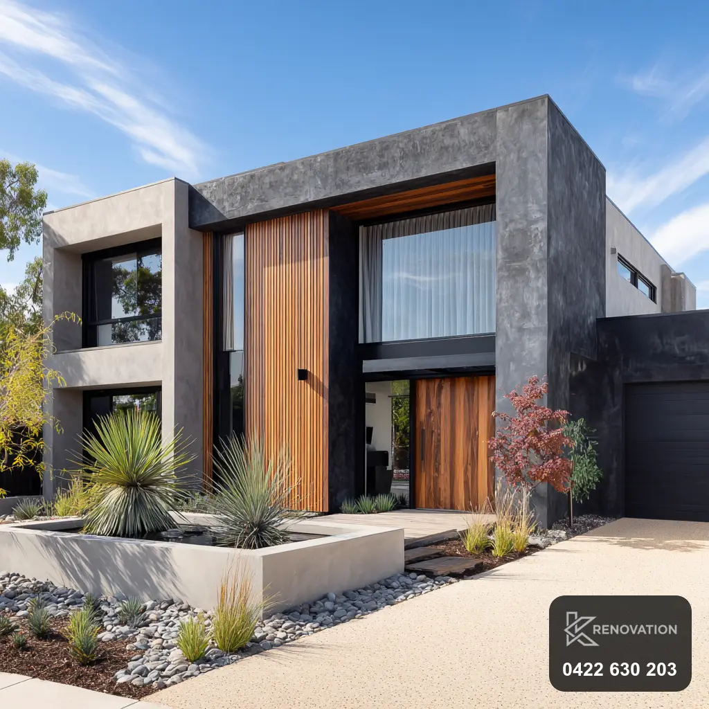 Renovated home with dark timber, render and a considered entry by KRenovation