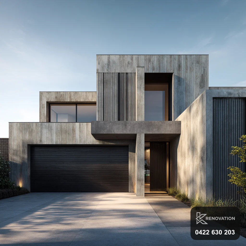 Two-storey home extension in dark timber at dusk by KRenovation
