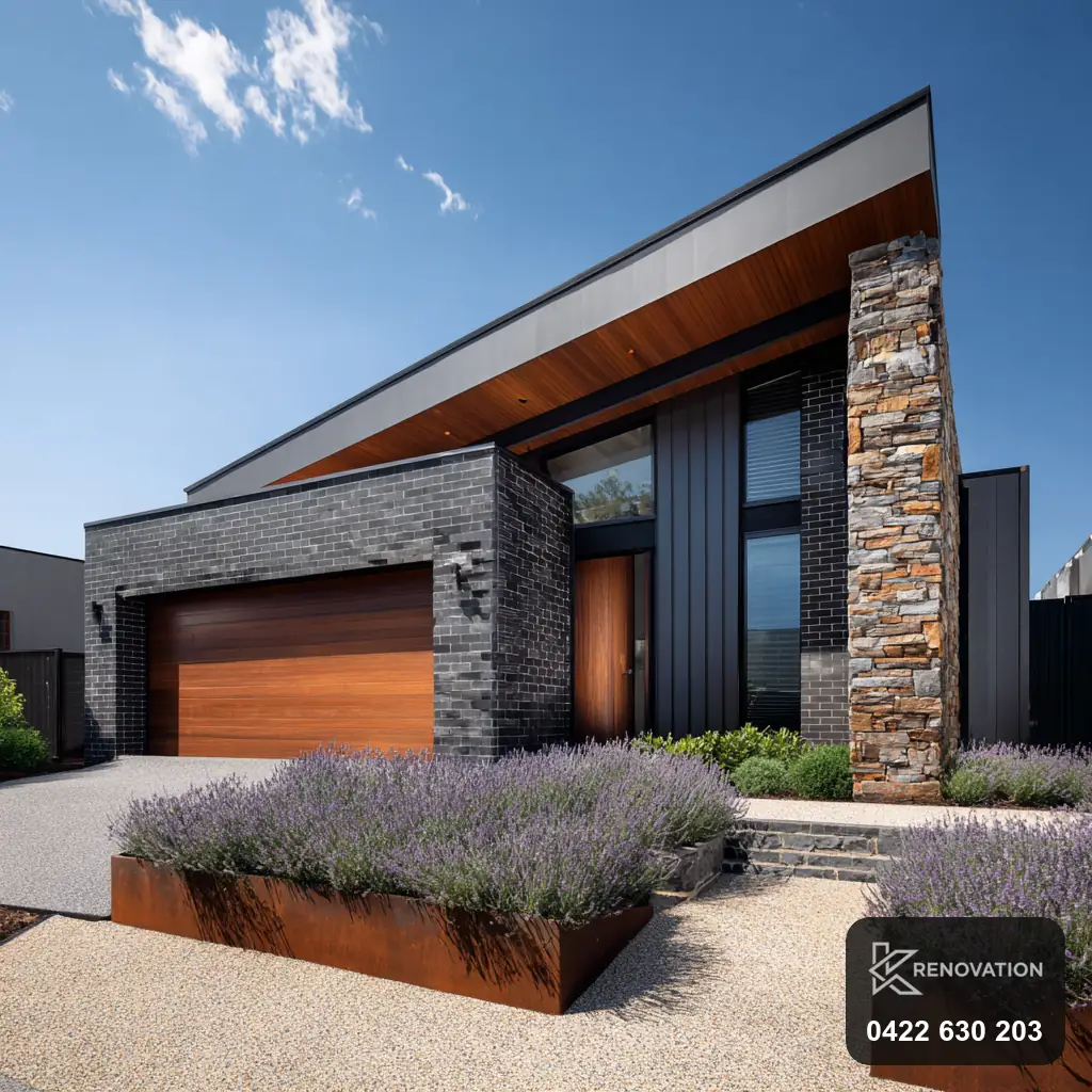 Renovated family home with gable roof, stone and render by KRenovation