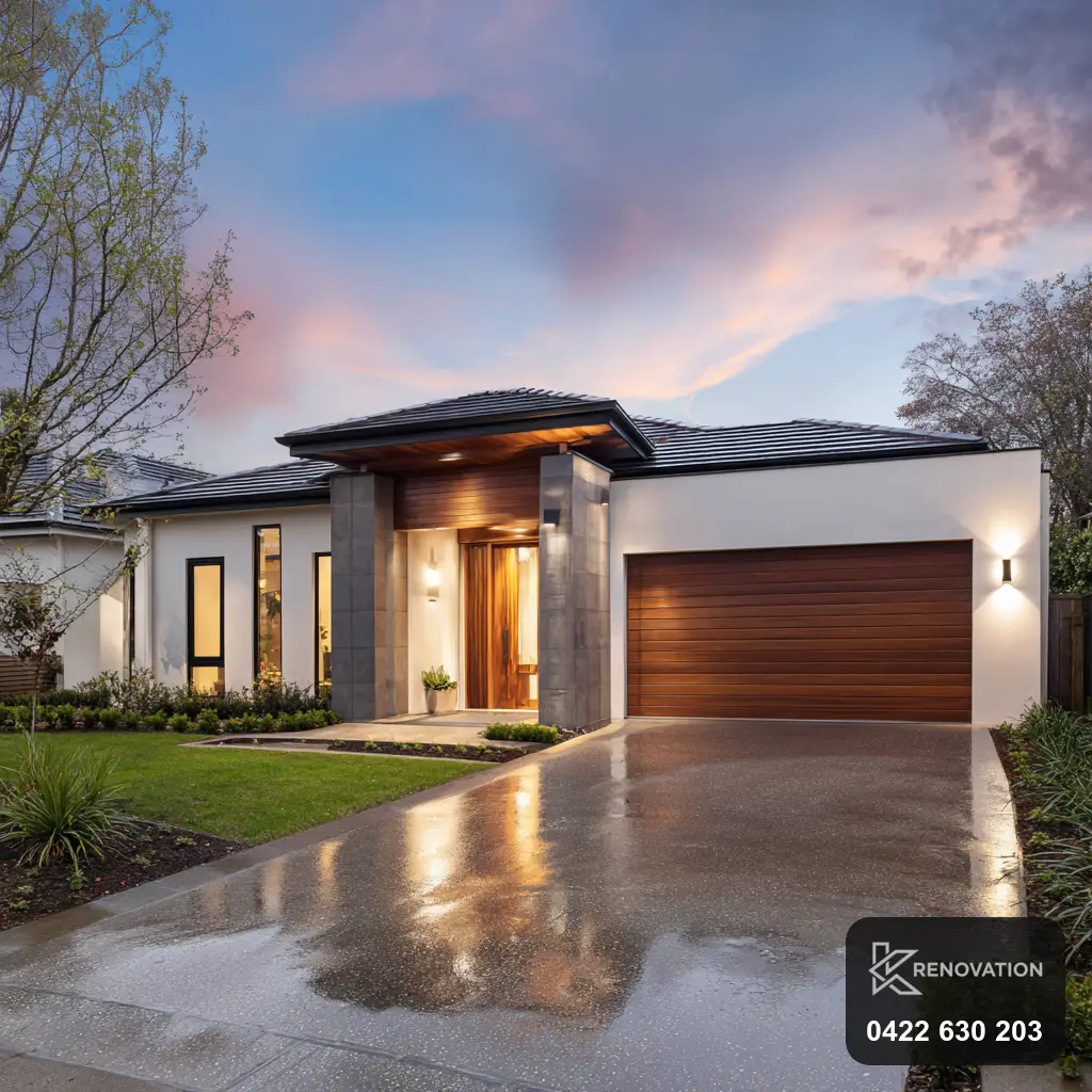 Render and dark facade with garage reflected in water at dusk by KRenovation