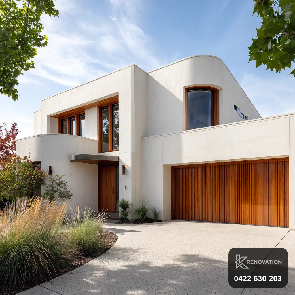 Renovated modern home facade with render and timber near Point Cook by KRenovation