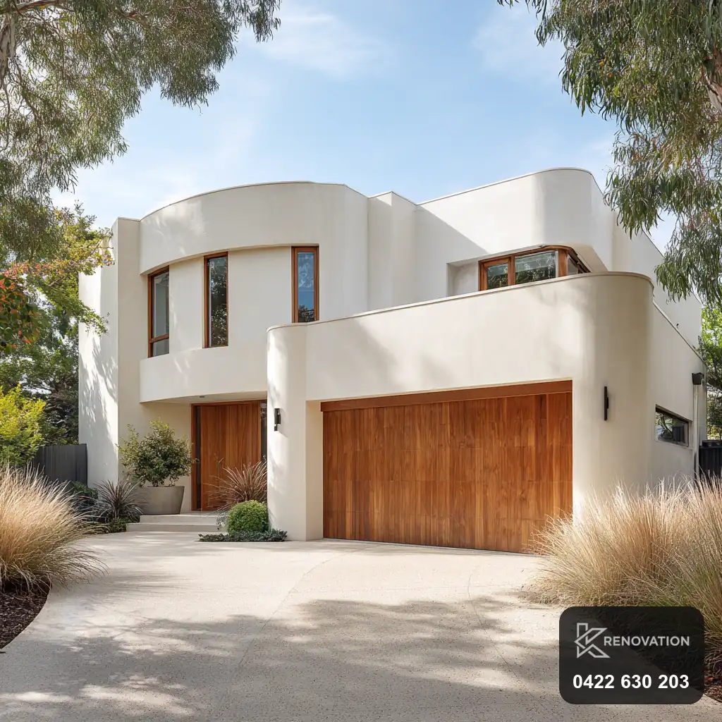 Newly built modern home with render and timber and curved forms by KRenovation