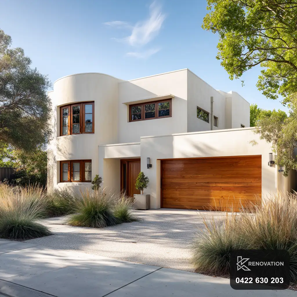 Render and timber facade with integrated garage and landscaping by KRenovation