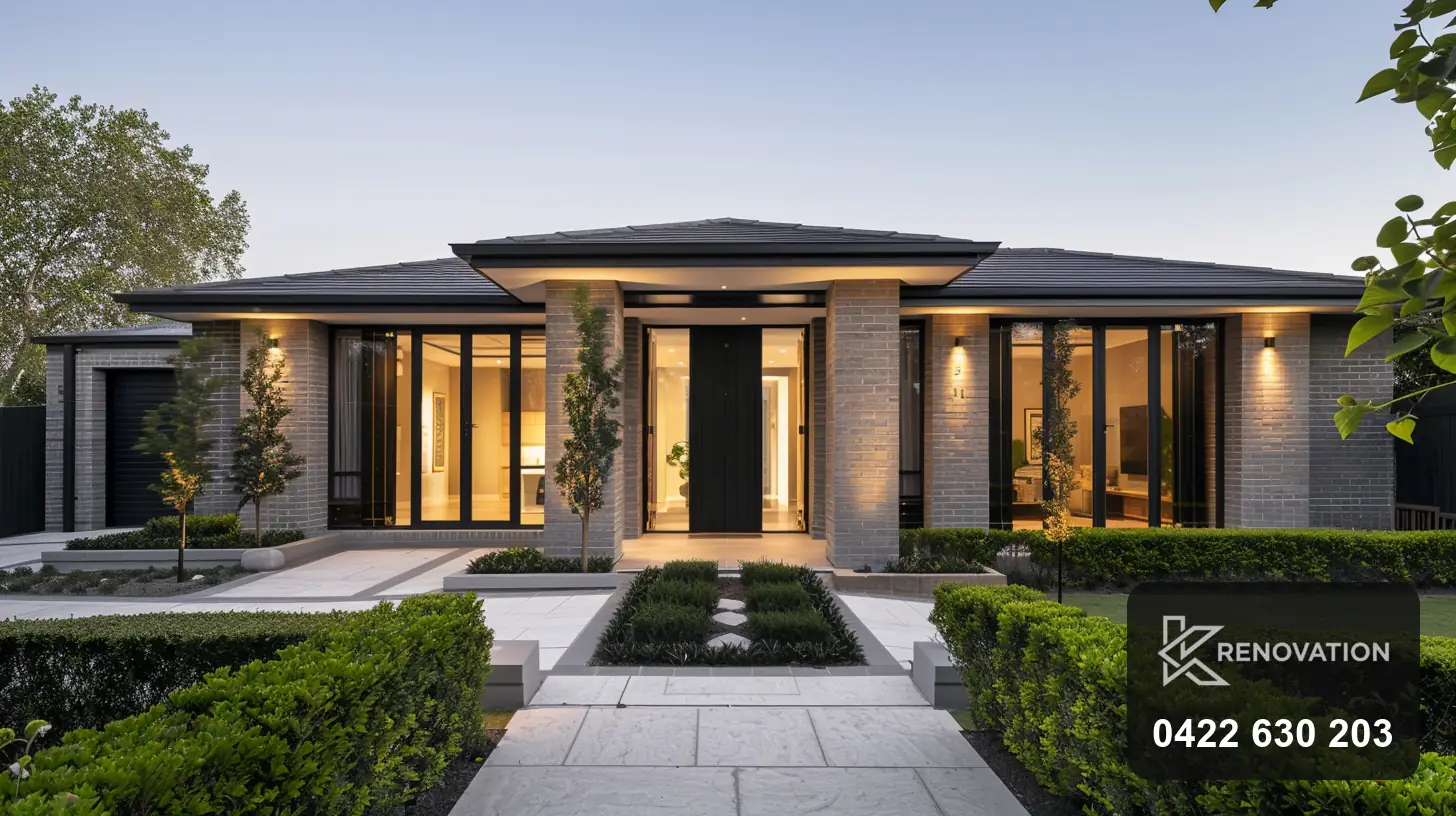 Single-storey home with a ground-floor extension lit at dusk by KRenovation
