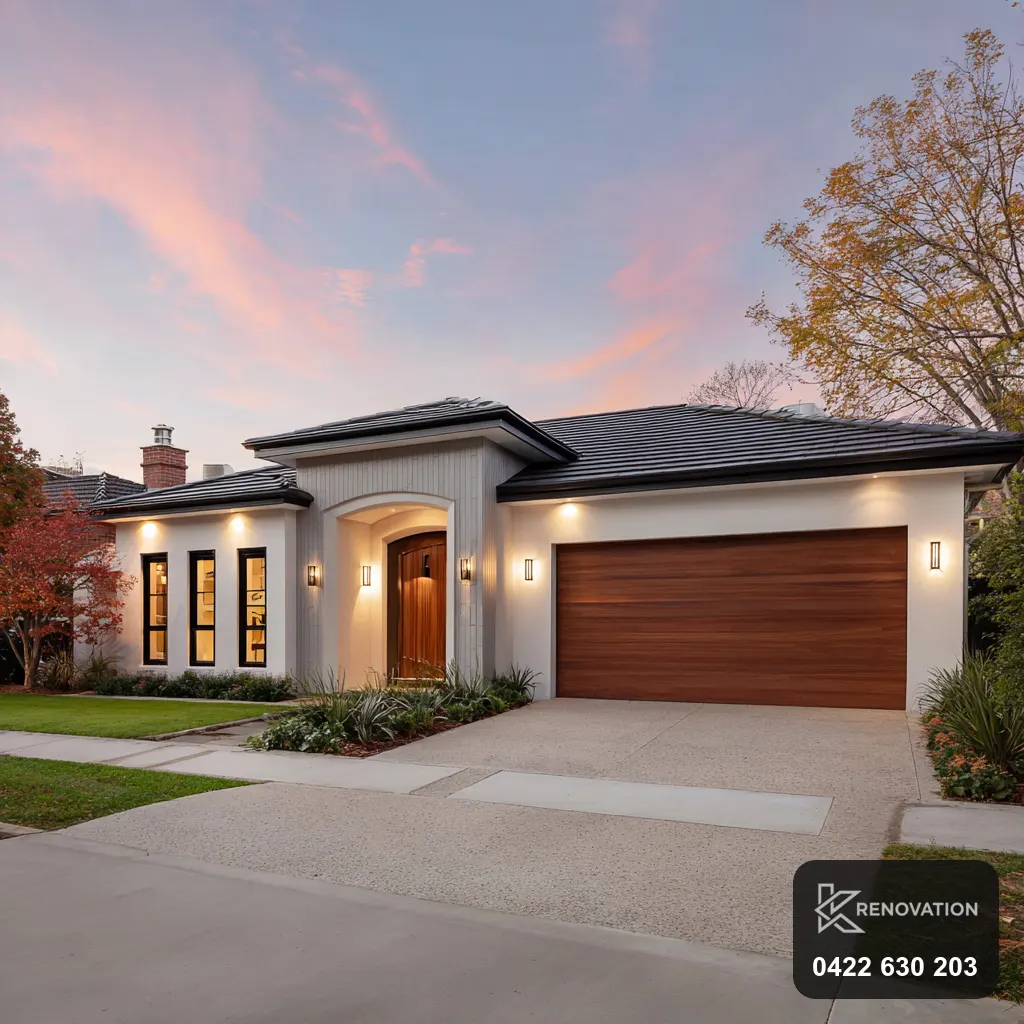 Renovated single-storey home facade at dusk near Seddon by KRenovation