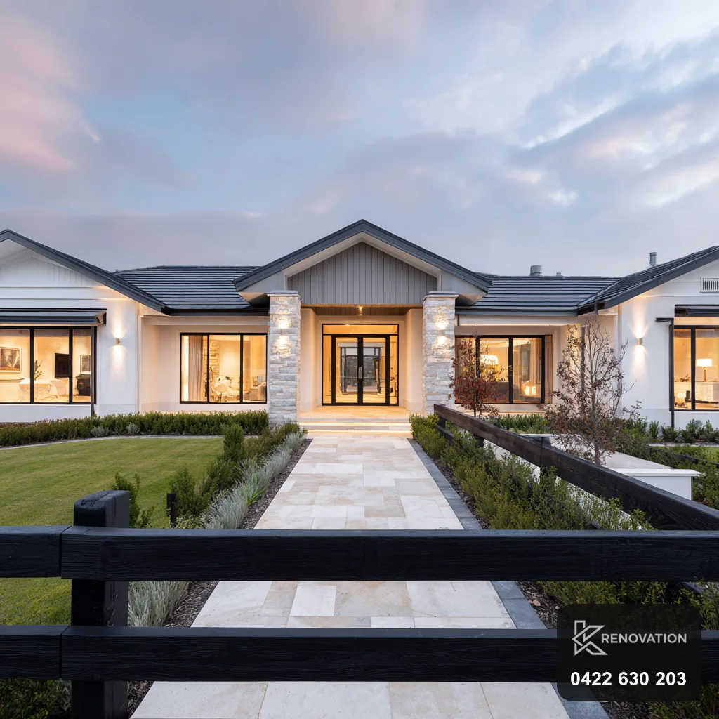 Classic refined single-storey facade with symmetrical path at dusk by KRenovation