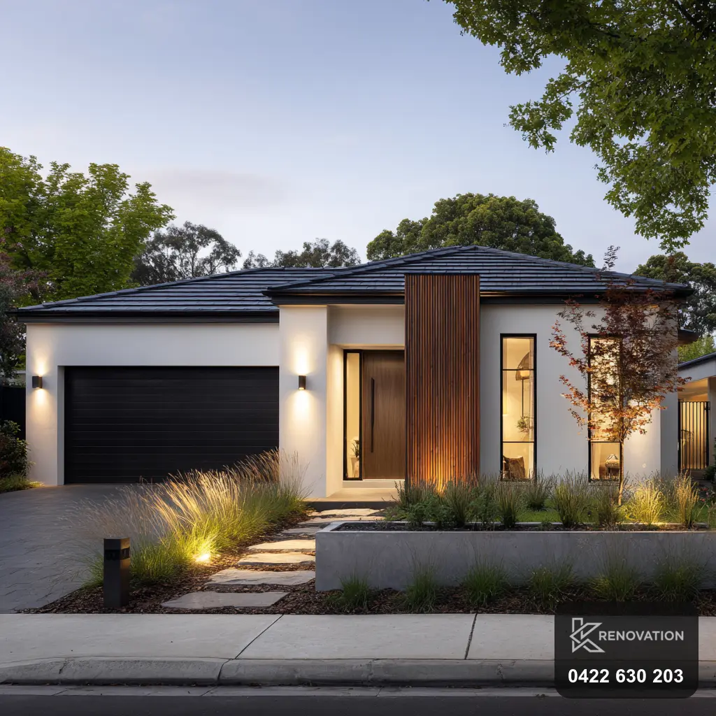 Dark timber facade with landscaped garden by KRenovation
