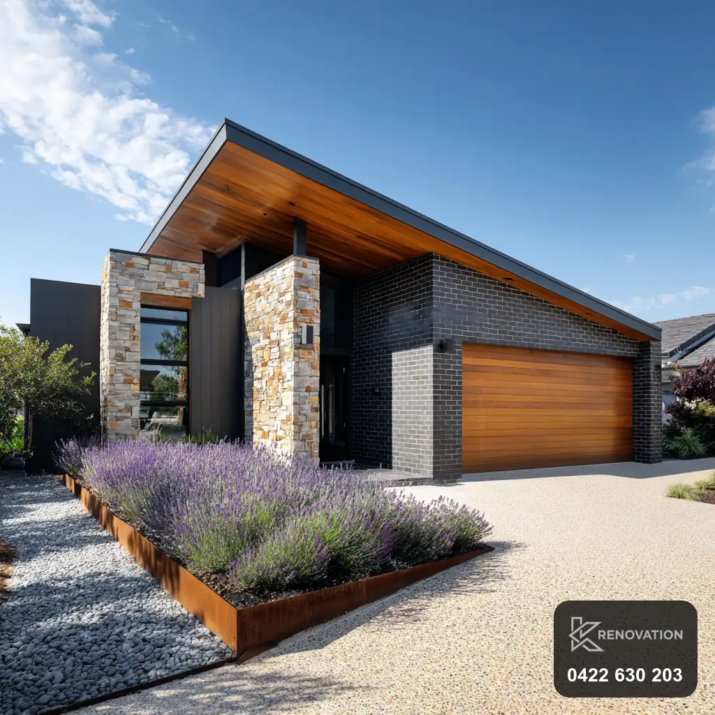 Finished home renovation in timber and dark cladding with lavender landscaping by KRenovation