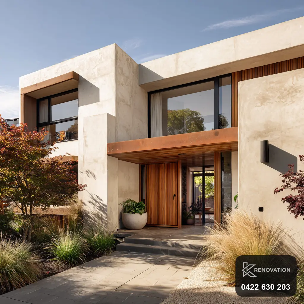 Renovated home facade in render and timber with a landscaped entry by KRenovation