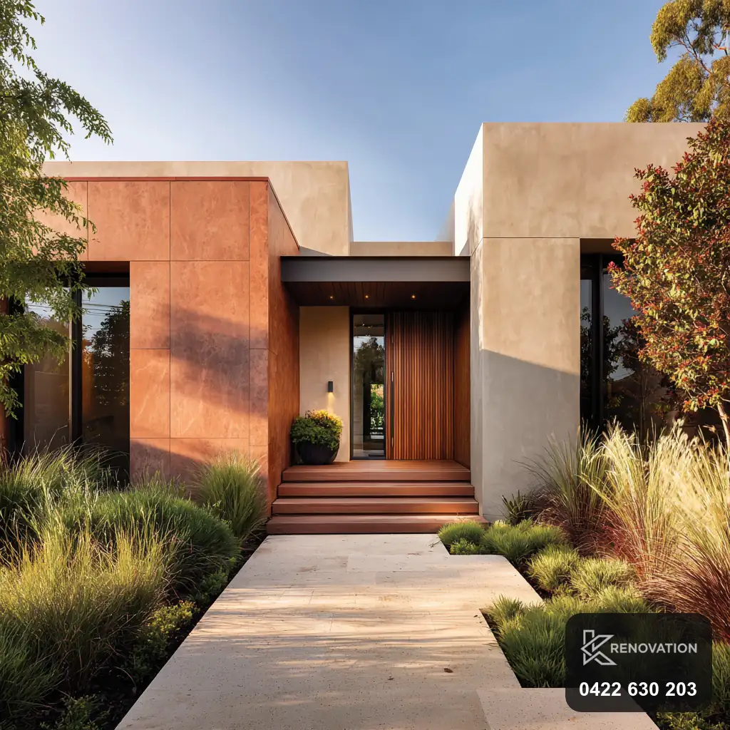 Renovated home with timber and render facade and landscaped entry by KRenovation