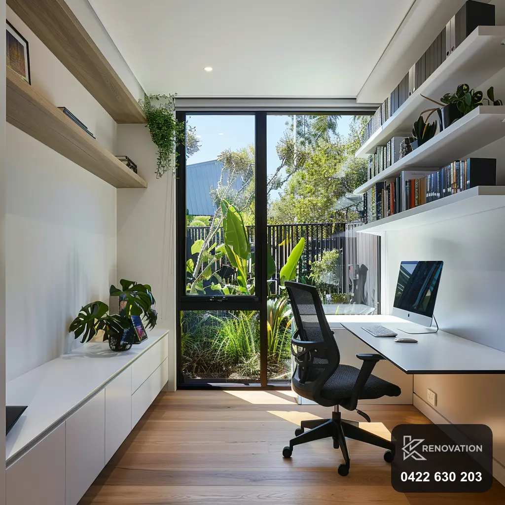 Built-in study nook with garden view in a Seddon home by KRenovation